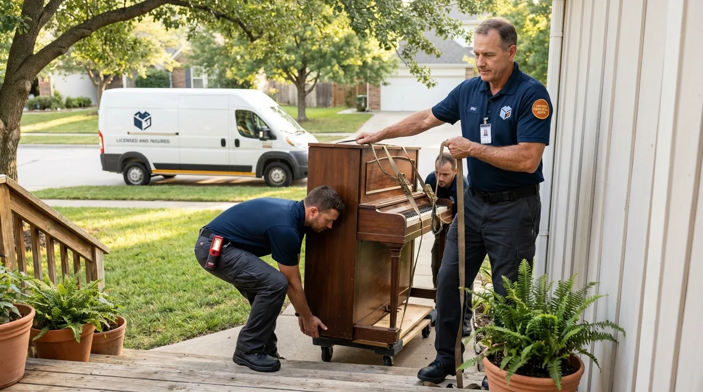 Licensed piano movers securing grand piano in Roseville, MI