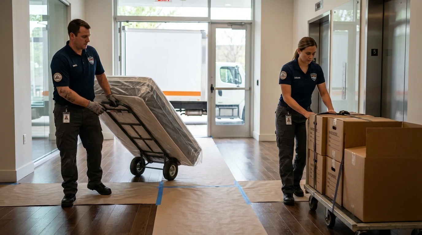 Professional apartment movers loading elevator in Roseville, MI
