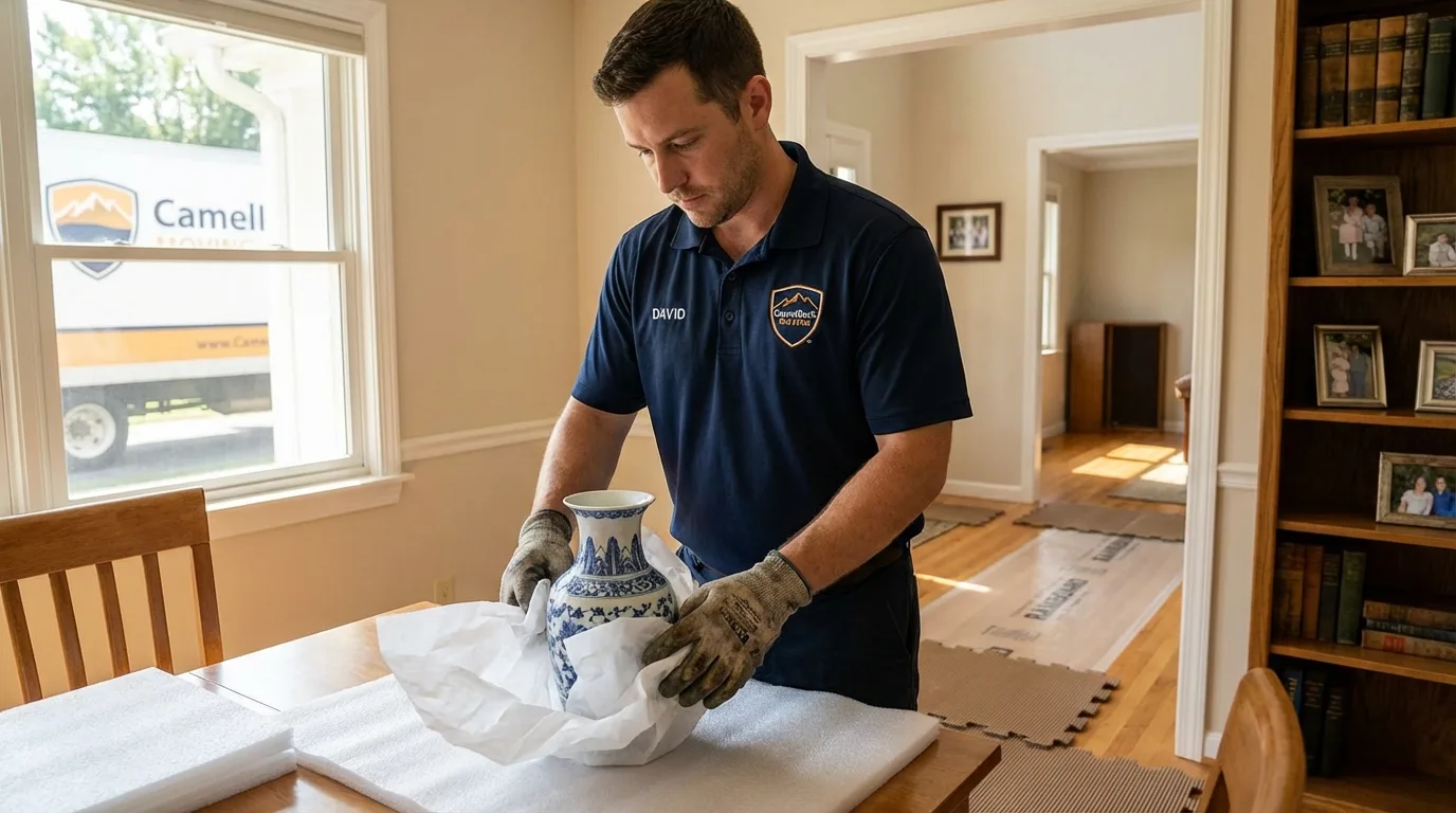 Professional crew carefully wrapping antique vase for senior downsizing move in Roseville, MI