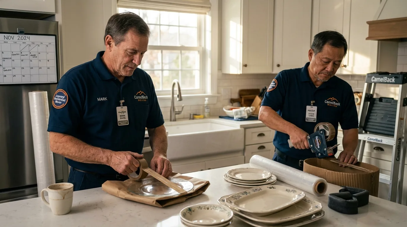 Professional crew packing kitchen dishware in Roseville, MI